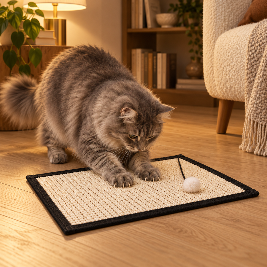 Fluffy gray cat digging its claws into a sisal scratch pad lying flat on a light oak floor