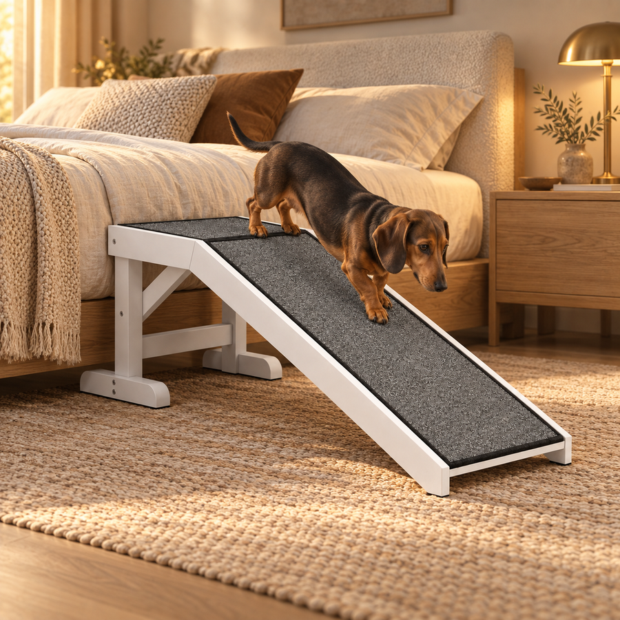 Dachshund walking down a white wooden pet ramp with carpet from a bed in a cozy bedroom