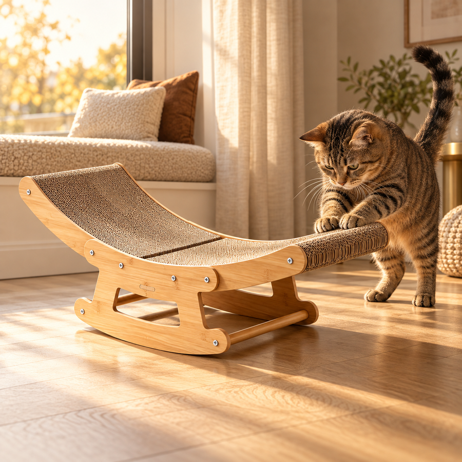 Tabby cat with raised tail pawing at the cardboard scratching surface of a wooden rocking chair
