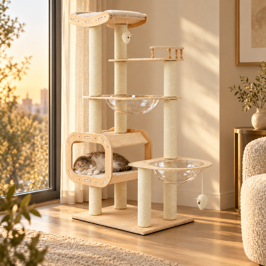 Tabby cat napping inside the wooden condo of a natural wood cat tree near a sunset window