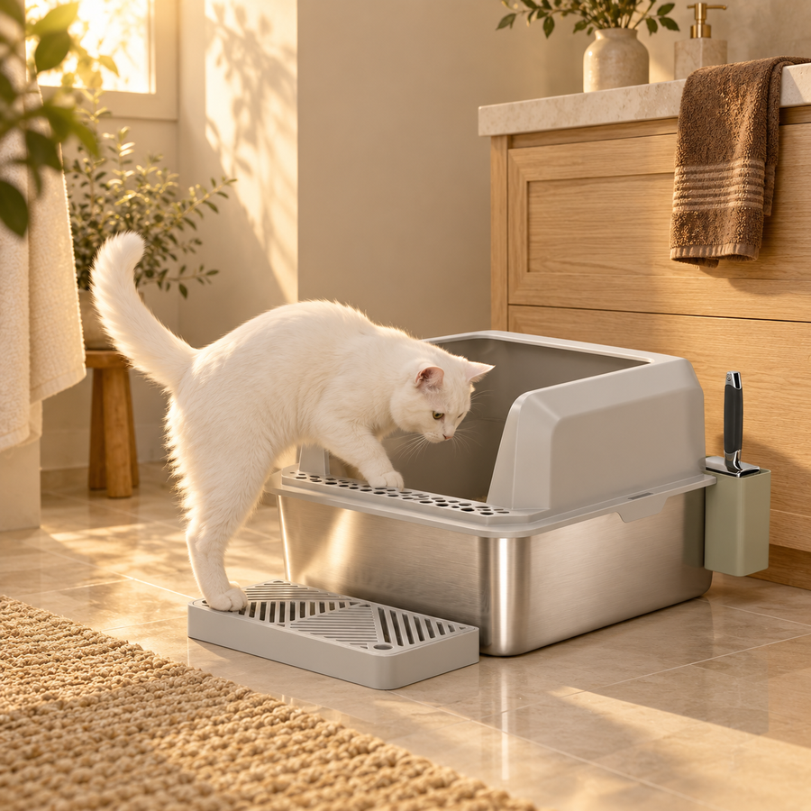 White cat stepping onto the grated step of a stainless steel litter box beside a wooden cabinet
