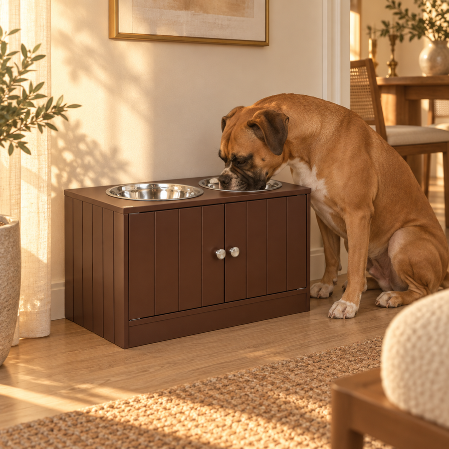 Brown boxer-type dog sitting while eating from a raised dog feeding station with two steel bowls