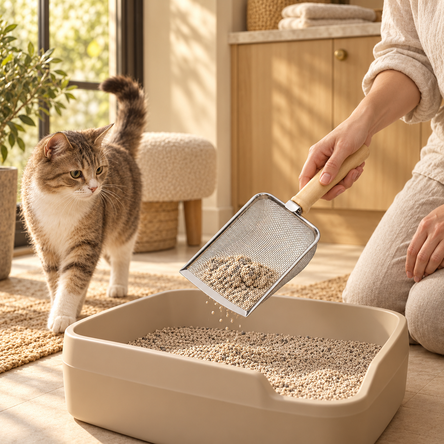 Person holding a wood-handled metal mesh scoop over a litter tray as a tabby and white cat approaches