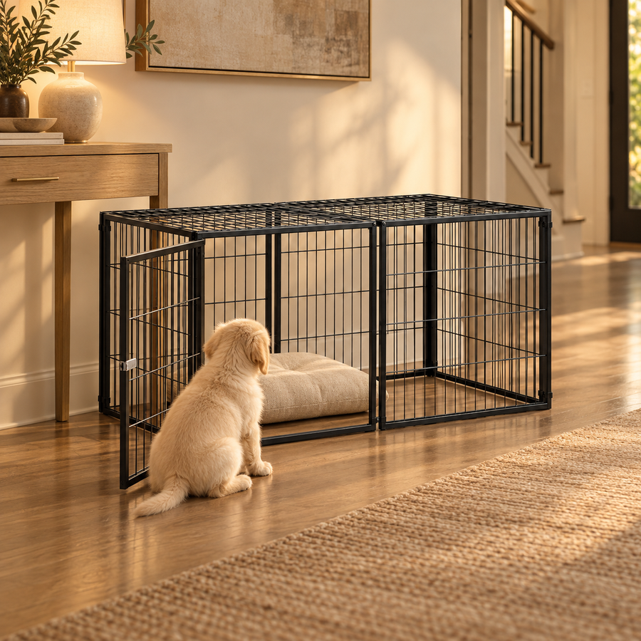 Cream puppy sitting at the open door of a low black wire kennel in a hallway beside an oak console table