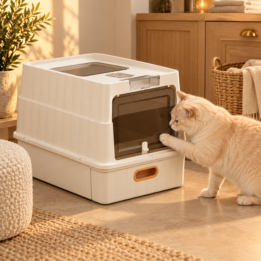 Cream-colored cat pawing at the front flap of an enclosed litter box with an orange drawer pull