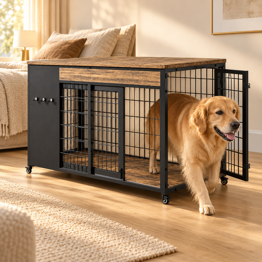 Golden retriever stepping out of the dog crate table through its open side door in a bright living room
