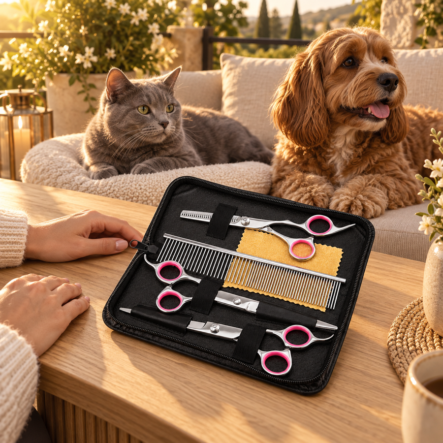 Gray cat and brown dog sit behind an open black grooming case with pink-ringed silver shears and a comb