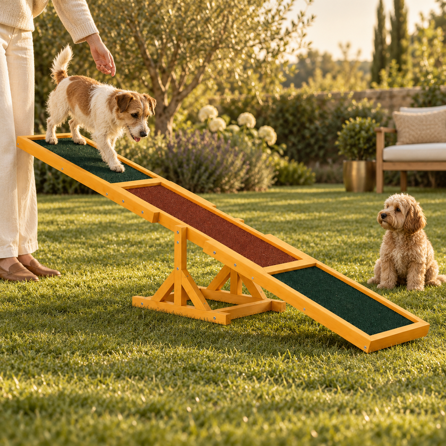 Terrier on the raised green end of a wooden seesaw with an adult beside it and a second small dog waiting on the lawn.