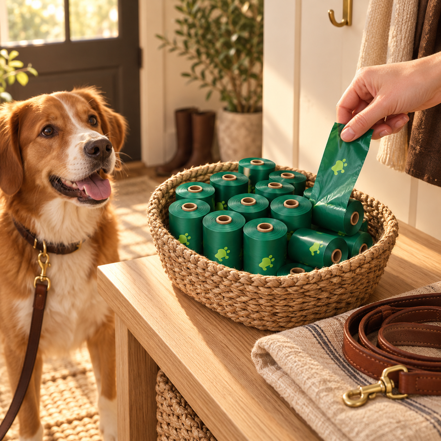 Wicker basket of green waste bag rolls on an entry table as a hand pulls one bag, with a smiling dog nearby