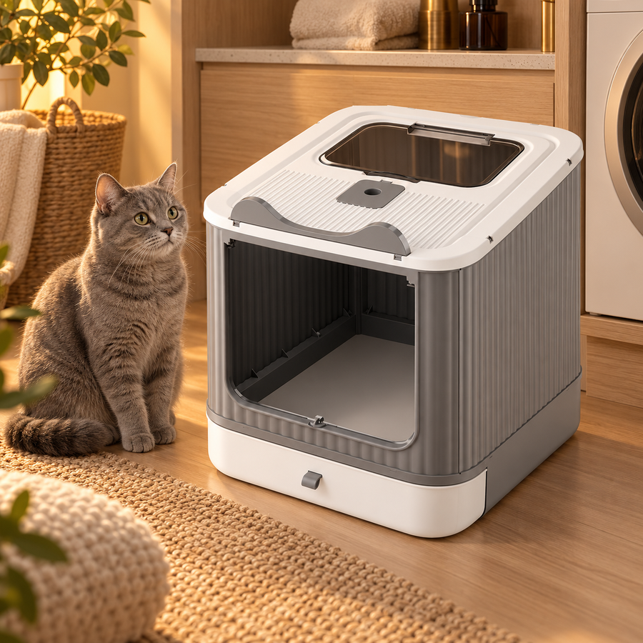 Gray tabby cat sitting beside a white and gray covered litter box with a front opening near a washer