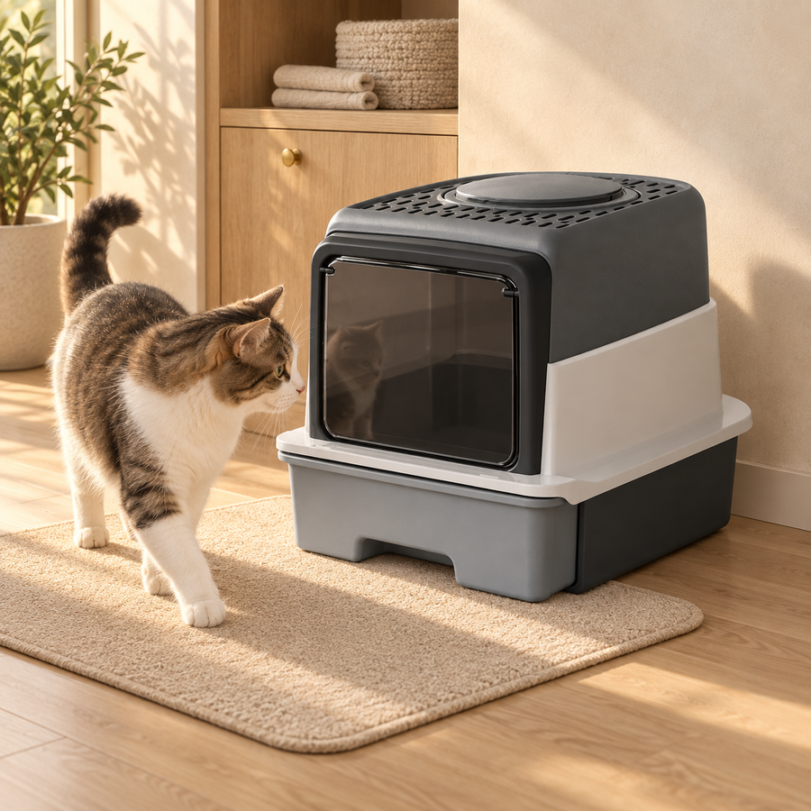 Tabby and white cat sniffing the clear front door of a gray enclosed litter box set on a woven mat