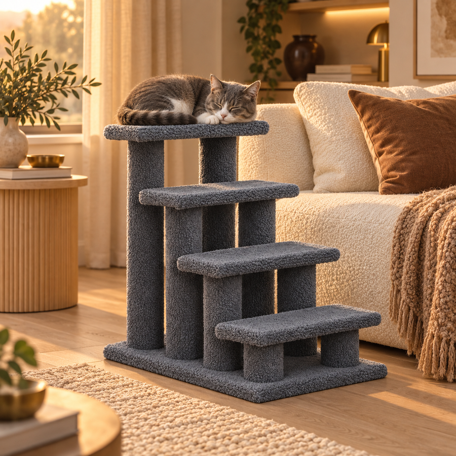 Cat curled up asleep on the top step of the gray cat stairs beside a sofa and brown throw pillow