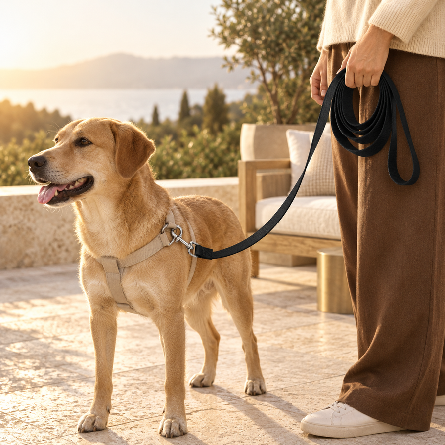 Tan dog in a beige harness stands on a stone terrace beside a person holding a coiled black training leash
