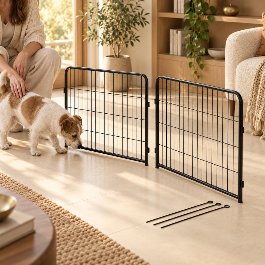 Adult and small dog beside two black wire extension panels, with three connecting rods laid on the indoor floor.