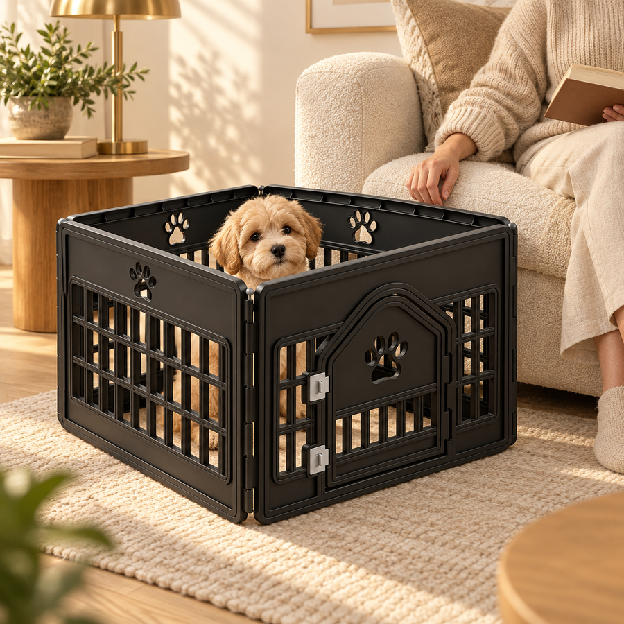Tan puppy sitting in a black plastic playpen beside a person seated on a cream sofa