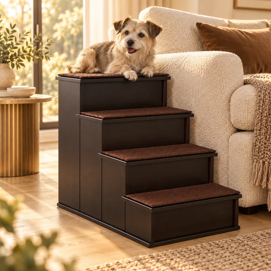 Scruffy tan dog resting on the top step of dark brown dog stairs next to a cream armchair