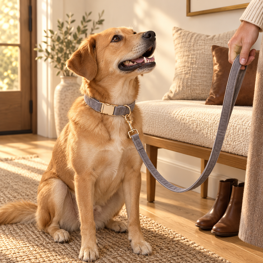 Golden dog sitting beside a cream sofa in a gray velvet collar, with its matching leash held by an adult