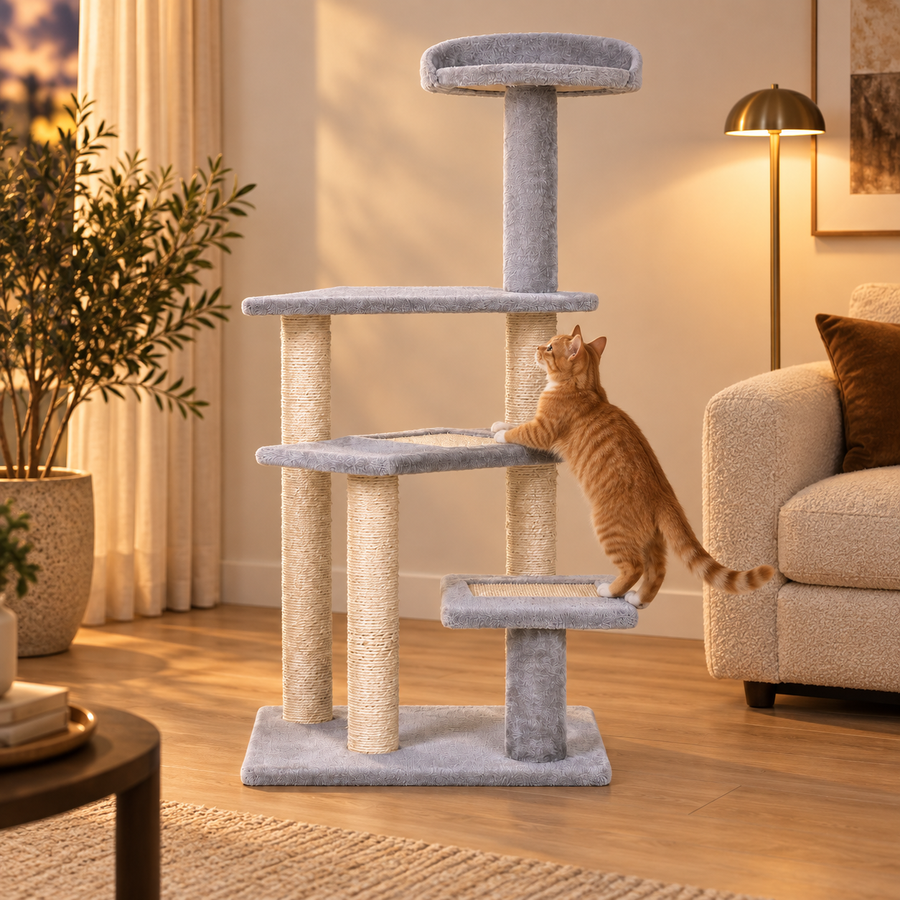 Ginger cat climbing from the low step to the middle platform of a gray cat tree in a lamp-lit living room