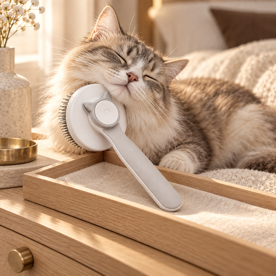 Tabby cat leaning its cheek into a gray slicker brush with a cat-ear accent on a wooden tray