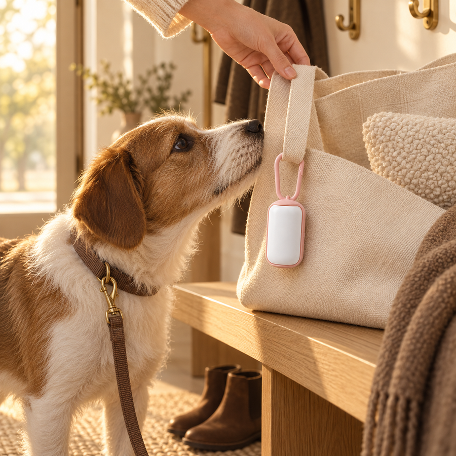 Beagle-type dog sniffing a canvas tote bag with a small white and pink dispenser clipped to its handle