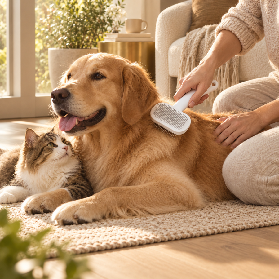 Golden retriever lying on a rug being brushed with a white slicker brush while a tabby cat snuggles beside it