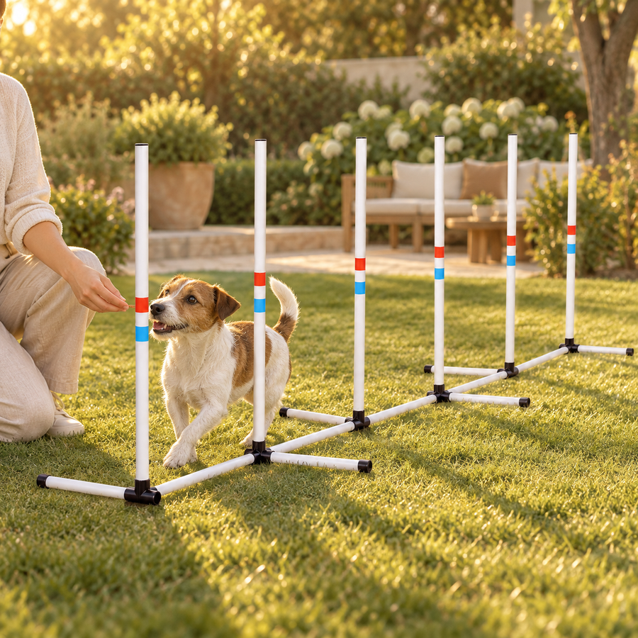 Adult kneeling beside a terrier at the start of six white weave poles with red and blue bands on a garden lawn.