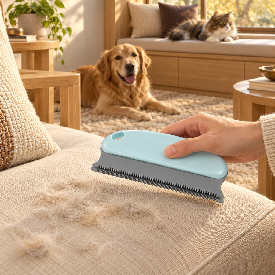Pale blue pet hair remover held above a cream cushion, with a dog and cat resting in the background
