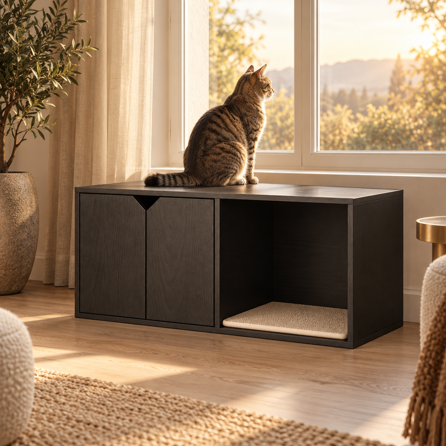 Tabby cat sitting on top of a black litter box enclosure and looking out a sunny window