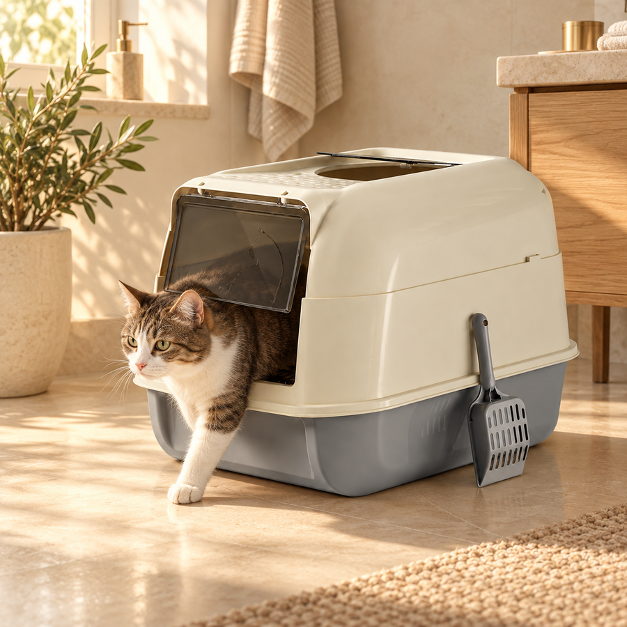 Calico cat walking out of a cream hooded litter box with a gray scoop hanging on the side