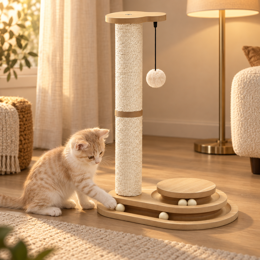 Ginger kitten crouching to play with the ball track beside a sisal post with a hanging plush ball