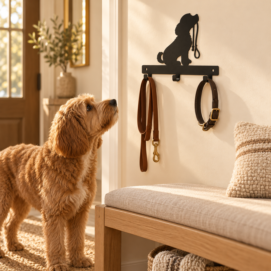 Curly tan dog beside a cream bench and black dog-shaped wall rack holding a brown leash and collar
