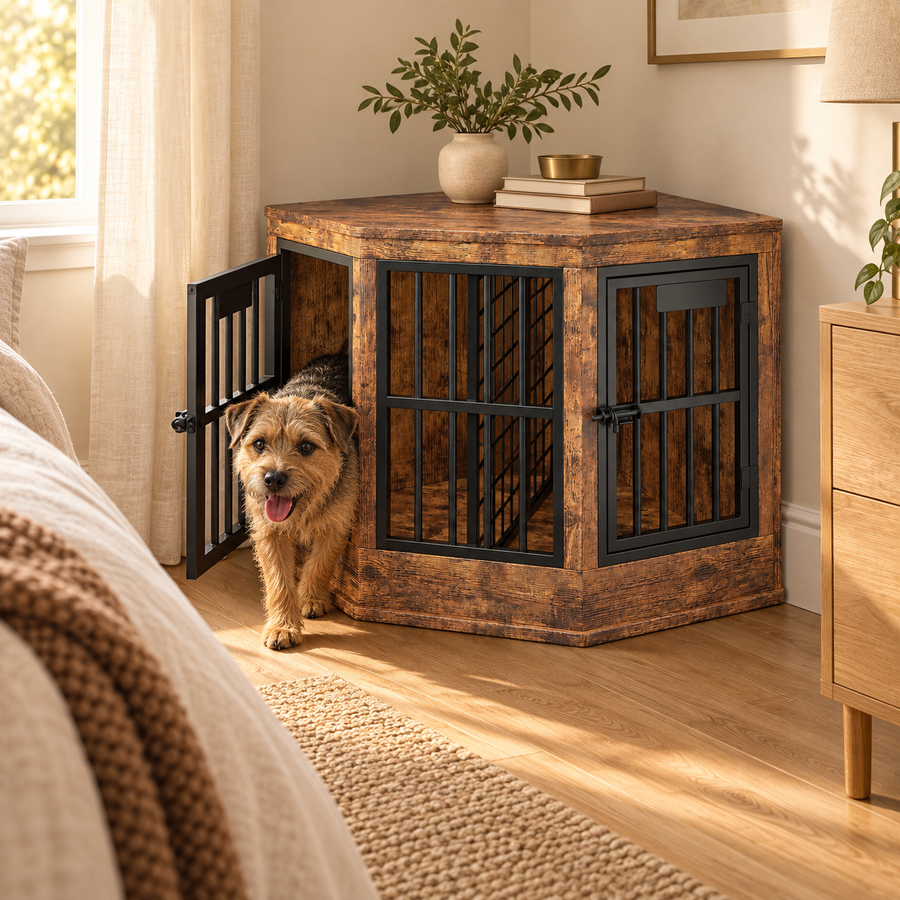 Wire-haired terrier walking out of the open door of a rustic corner dog crate in a bedroom corner