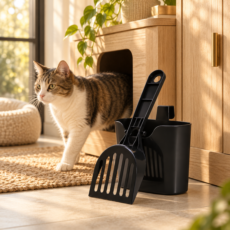Black scoop and matching holder beside a light wood litter cabinet, with a relaxed cat sitting nearby