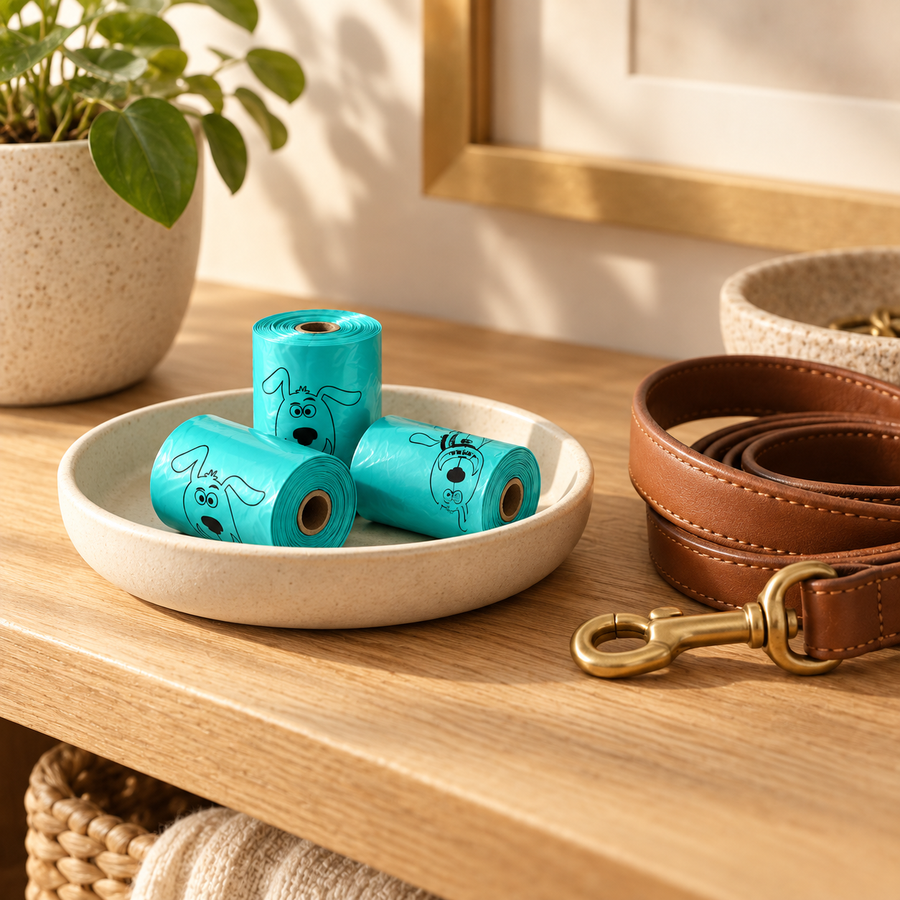 Three teal dog waste bag rolls in a cream dish next to a brown leather leash and brass clip