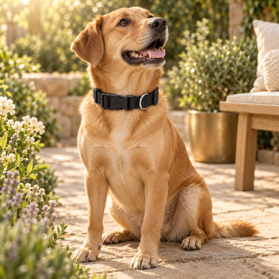 Golden retriever sitting on a sunny garden patio, looking up in a black adjustable dog collar