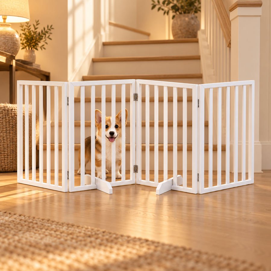 Corgi sitting behind a white wooden pet gate set across the bottom of a carpeted staircase