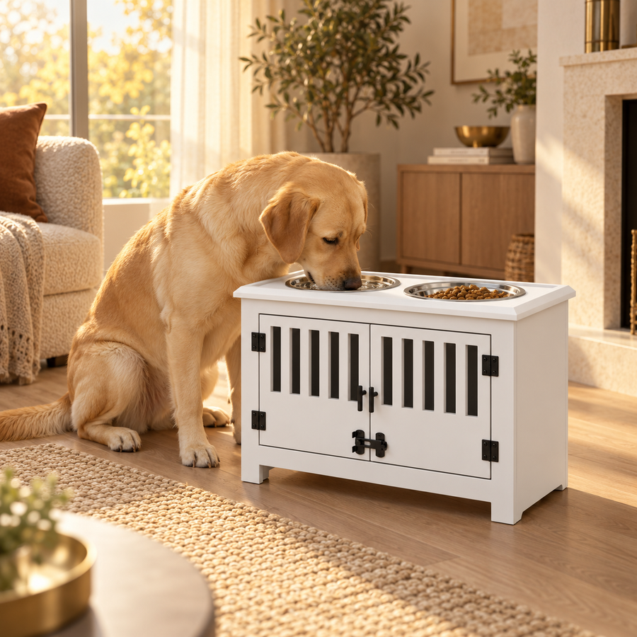 Yellow Labrador-type dog sitting to eat from a raised feeding cabinet with two steel bowls by a fireplace