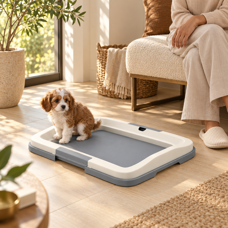 Tiny puppy seated on the edge of a gray and white pad holder beside an adult in a cream-colored room.