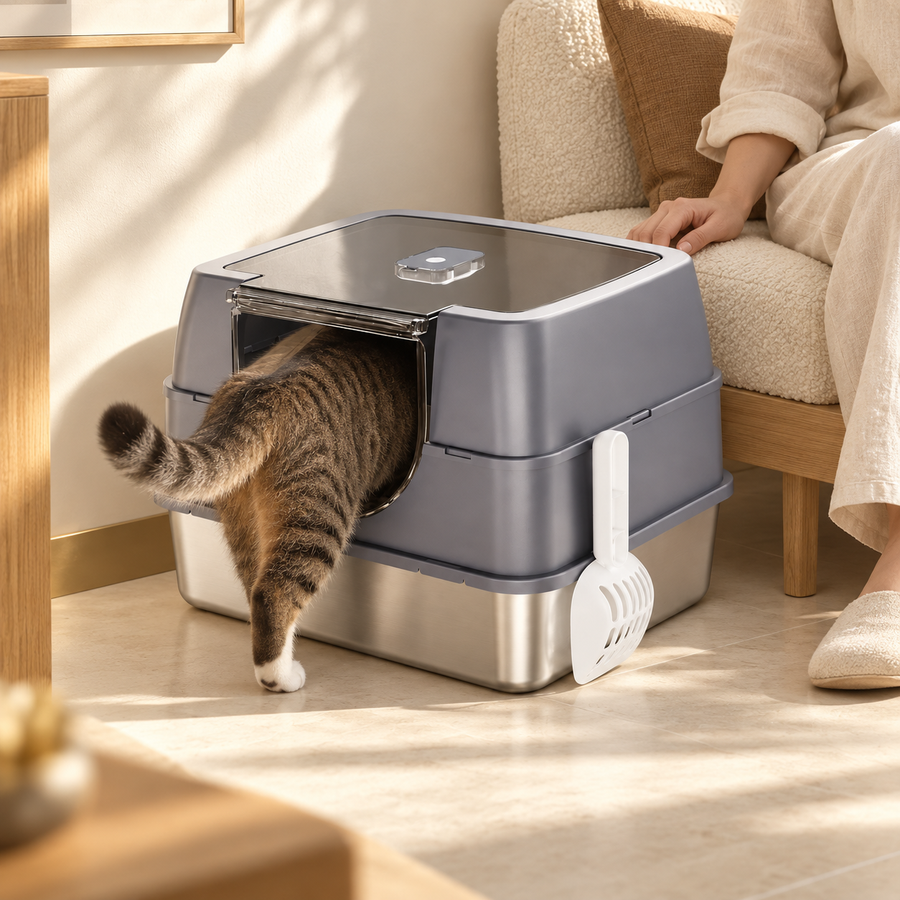 Tabby cat entering the rounded front opening of a gray and steel litter box beside an adult seated nearby.