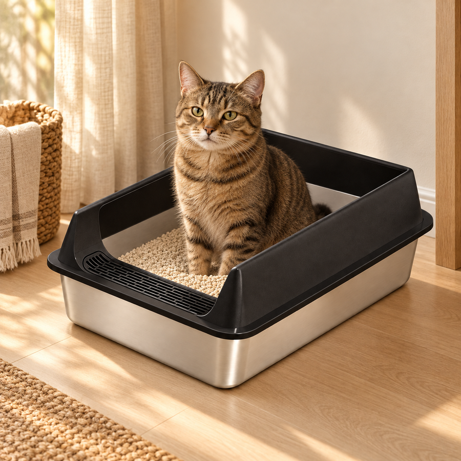 Tabby cat sitting in a stainless steel litter box with a tall black rim beside a woven basket and linen curtain