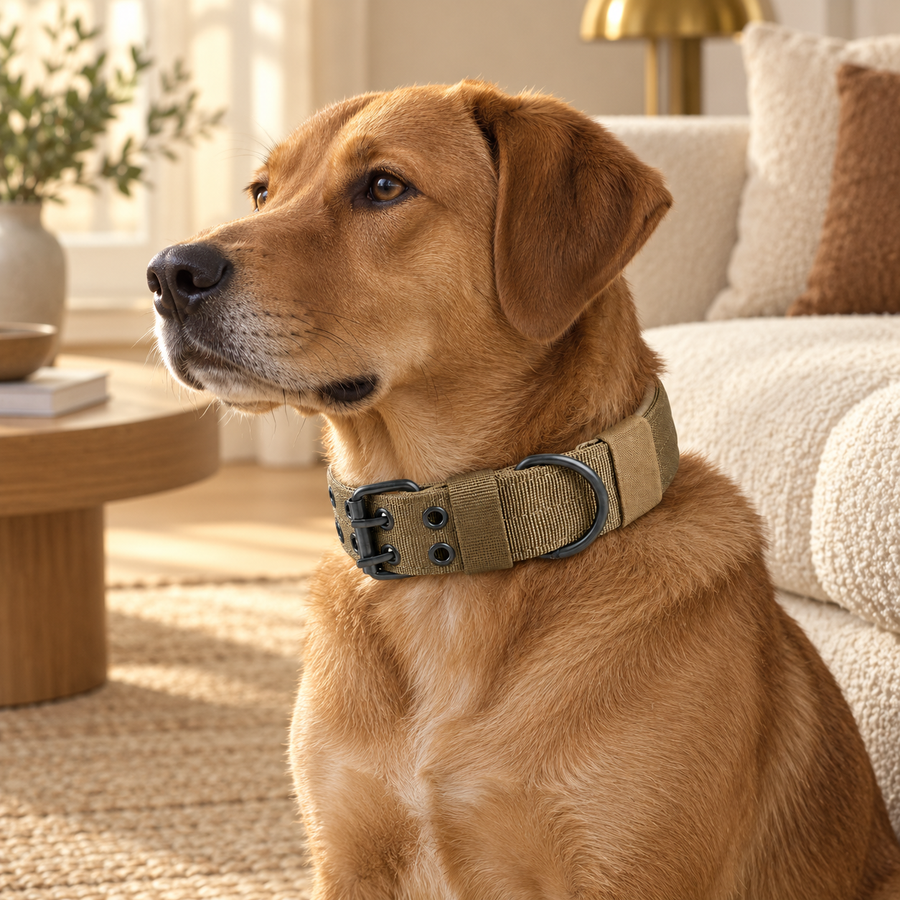 Brown padded dog collar with a black double-prong buckle worn by a dog sitting beside a cream sofa.