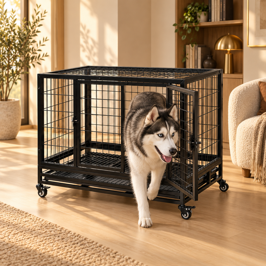 Husky walking out of the open front door of a black steel dog crate on wheels