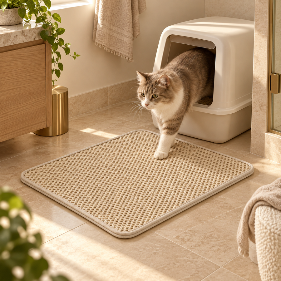 Tabby and white cat leaving a covered litter box onto a beige litter mat on a bathroom tile floor