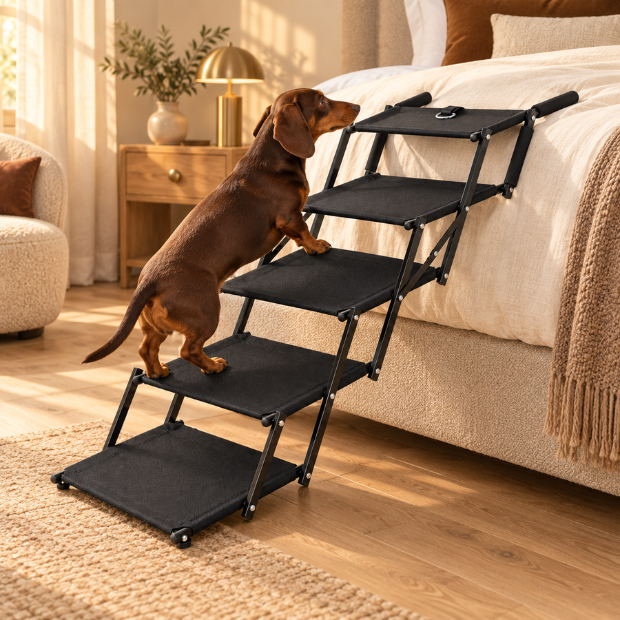 Dachshund standing on its hind legs on the black dog stairs placed against a bed