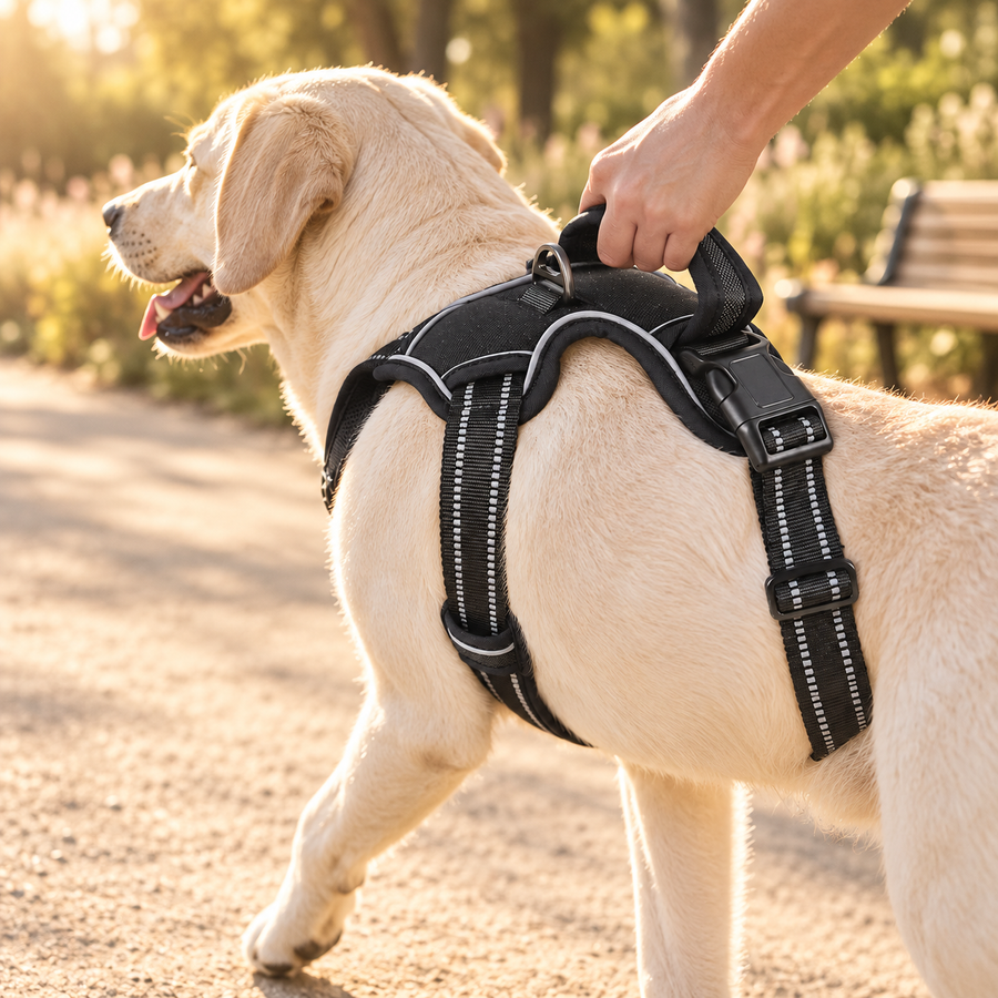 Light yellow dog walking outdoors in a black harness while a hand holds its handle