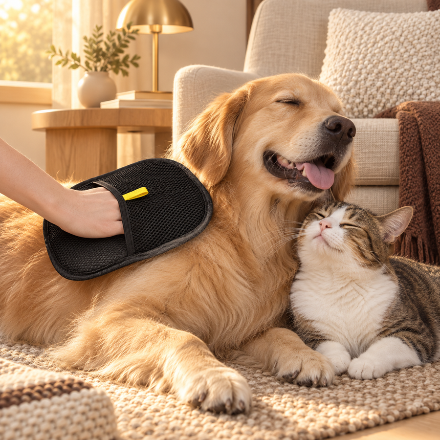 Hand grooming a golden retriever with the black mitt while a tabby and white cat naps beside it