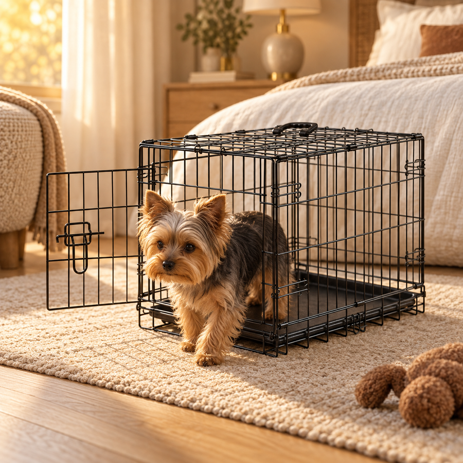 Yorkshire terrier standing at the open door of a small black metal dog crate beside a bed
