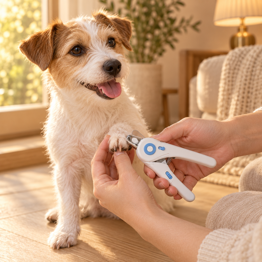 Small white-and-tan terrier offering a paw while hands hold white pet nail clippers by the window