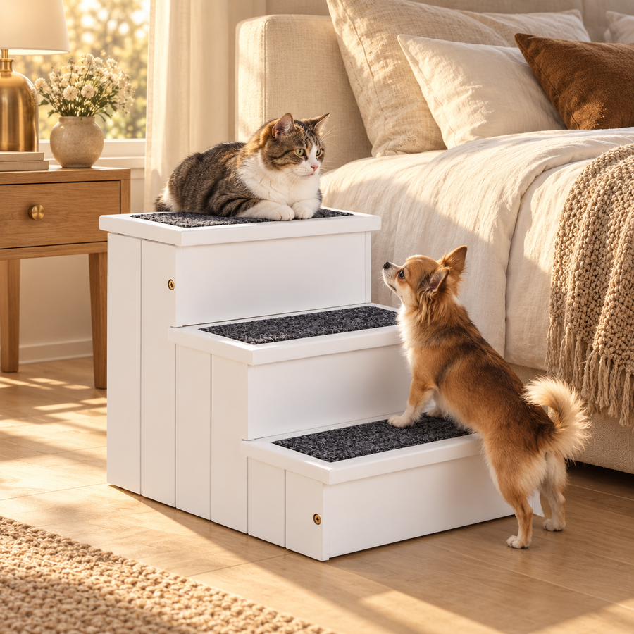 Tabby and white cat on the top step while a small tan dog stands on its hind legs on white pet stairs