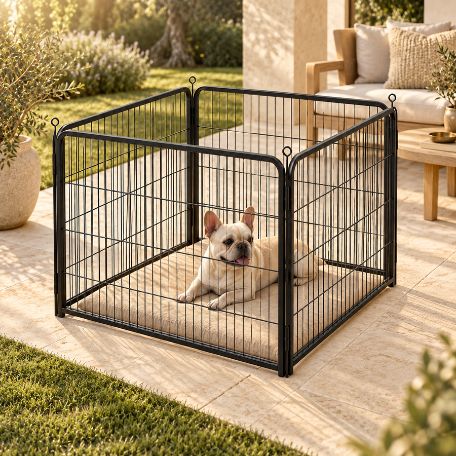 French bulldog resting inside a black metal dog playpen on a patio beside the garden